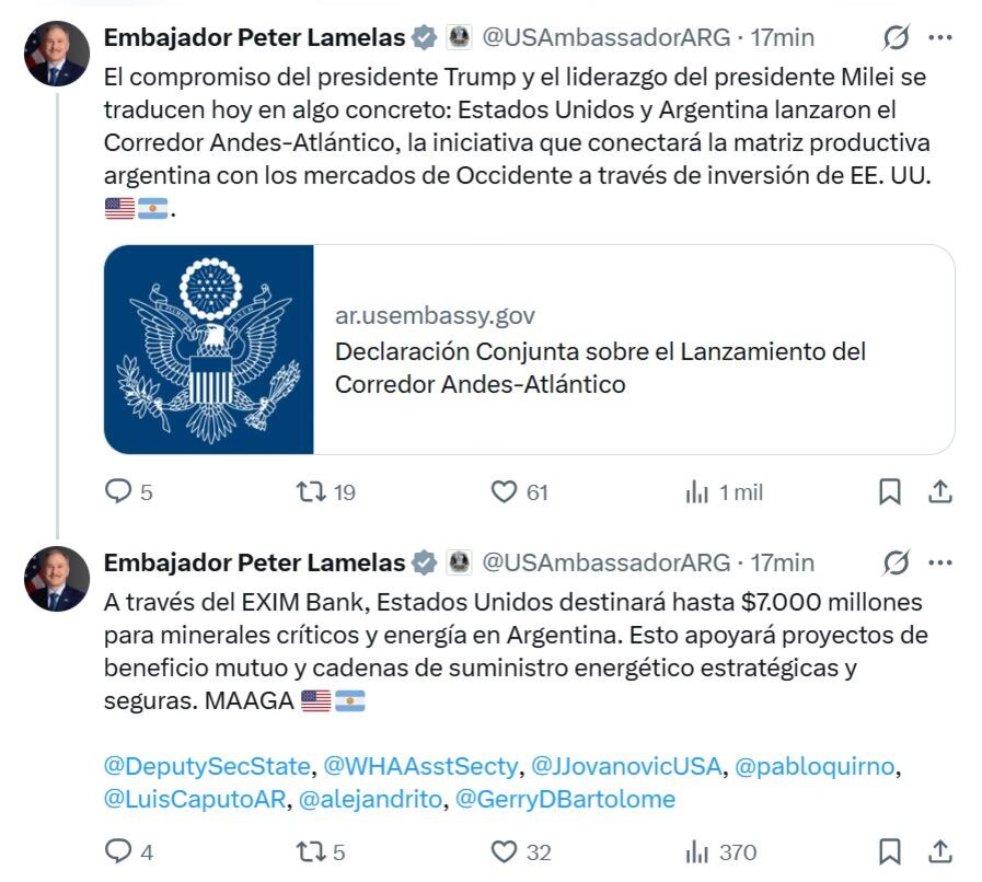 Tuit del embajador de Estados Unidos en la Argentina, Peter Lamelas (X)