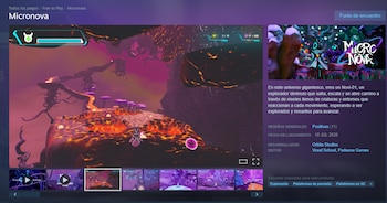 Pantalla de ordenador con el título "Micronova", una captura de pantalla del videojuego que muestra un entorno fantástico con un personaje, interfaz de usuario y miniaturas