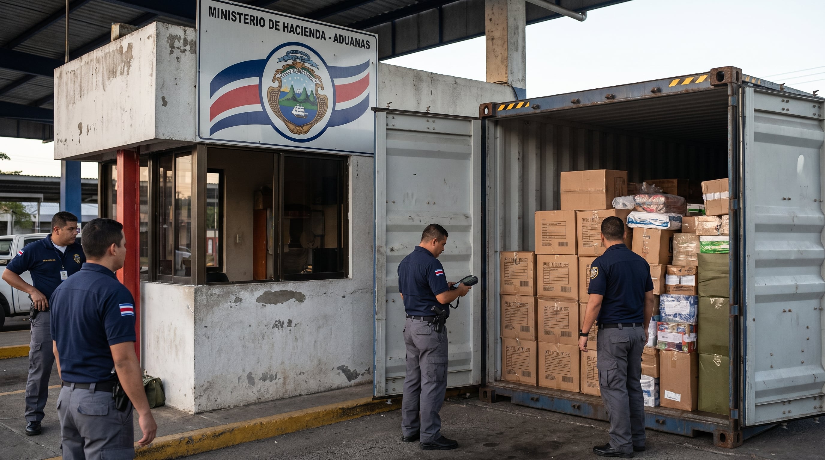Inspectores de la Dirección de Aduanas de Costa Rica inspeccionan un contenedor de carga abierto lleno de mercancías, con el letrero del Ministerio de Hacienda visible en el puesto de control fronterizo. (Imagen Ilustrativa Infobae)