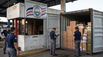 Cuatro inspectores con uniforme revisan un contenedor de carga abierto lleno de cajas y mercancías, junto a una garita con un letrero del Ministerio de Hacienda.