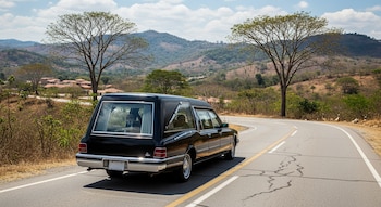 Un carro fúnebre negro avanza por una carretera asfaltada con curvas. Al fondo, colinas con vegetación seca y árboles bajo un cielo parcialmente nublado.