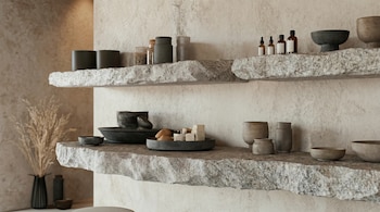 Tres estantes de piedra rústica en una pared beige texturizada, exhibiendo cuencos oscuros, botellas de suero, frascos pequeños y un jarrón negro con hierbas secas.