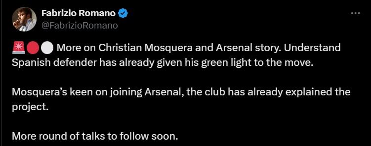 Christian Mosquera sería uno de los refuerzos para el Arsenal, de cara a la temporada 2025/2026 - crédito @FabrizioRomano/X
