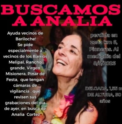 Vecinos de Bariloche piden ayuda para localizar a Analía Corte, desaparecida el 8 de mayo de 2026 al mediodía en la zona del km 6 de Pioneros, solicitando revisar cámaras de vigilancia.