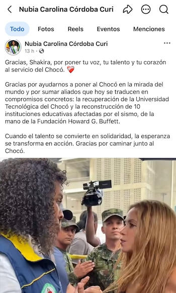 La gobernadora de Chocó destaca el aporte de Shakira a la reconstrucción educativa - crédito Nubia Carolina Córdoba Curi / Facebook