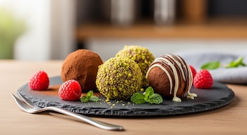 Cuatro trufas, tres frambuesas y hojas de menta sobre un plato de pizarra negra con un tenedor en primer plano.