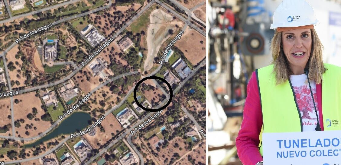 En un círculo negro, la parcela donde se han envenenado los árboles. A la derecha, Paloma Tejero, la alcaldesa de Pozuelo.