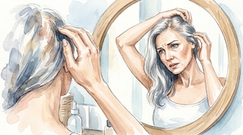 Imagen ilustrativa acuarelada de una mujer canosa de unos 50 años mirándose al espejo con expresión de preocupación, tocándose el cabello.