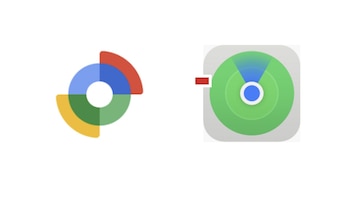 Un logo circular multicolor de Google a la izquierda, una barra roja en el centro y un logo circular verde con punto azul de Apple a la derecha