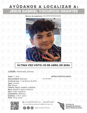 Cartel de búsqueda de Jesús Gabriel Yocupicio Orantes, un niño sonriente con cabello oscuro y camisa a rayas, con información de su desaparición y contacto para reportes