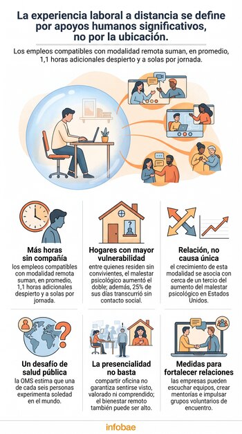 Infografía con una ilustración central de una persona dentro de una burbuja y seis casilleros con texto e íconos explicativos.