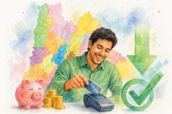 Ilustración en acuarela de un hombre usando una tarjeta de crédito en un datáfono junto a una alcancía, monedas y el mapa de Cundinamarca.