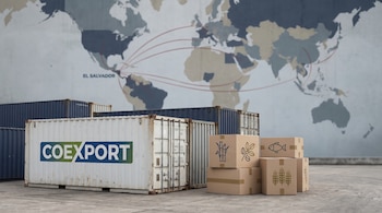 Contenedores de exportación apilados con logo Coexport, cajas con símbolos de caña de azúcar, café, pescado, trigo, y mapa mundial con rutas desde El Salvador.