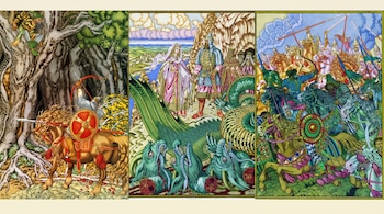 Tres paneles contiguos: un guerrero a caballo y un hombre en un árbol; figuras vestidas de época junto a un dragón; y una batalla de jinetes y lanzas.