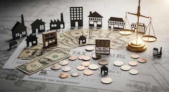 Composición de billetes y monedas estadounidenses, documentos fiscales, maquetas de casas y edificios, y una balanza de la justicia sobre un mapa.