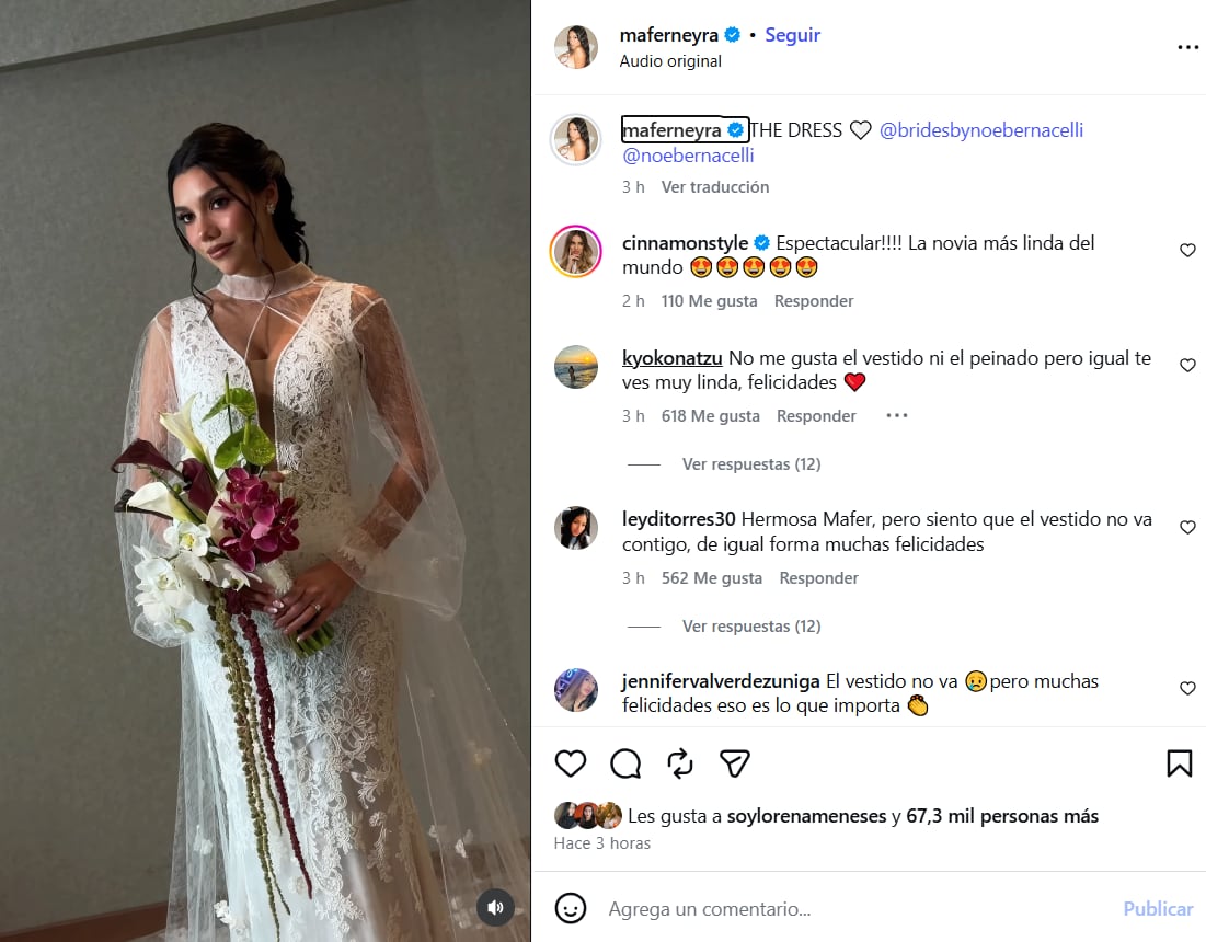La creadora de contenido Mafer Neyra viste un diseño de Noe Bernacelli en su boda con Ernesto Cabieses realizada en Lima.