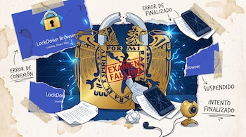 Emblema dorado roto con sello "EXAMEN FALLIDO", pantallas de navegador seguro con errores, smartphone con pantalla rota, papeles, auricular y cámara web.