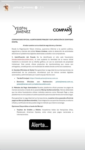 El comunicado identifica un portal que clona la tienda oficial y nunca entrega productos, afectando la seguridad financiera de los fanáticos de Yeison Jiménez - crédito yeison_jimenez / Instagram