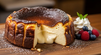 Primer plano de una tarta de queso vasca quemada con una porción cortada revelando su centro suave, espolvoreada con azúcar glas y acompañada de frutos rojos y nata.