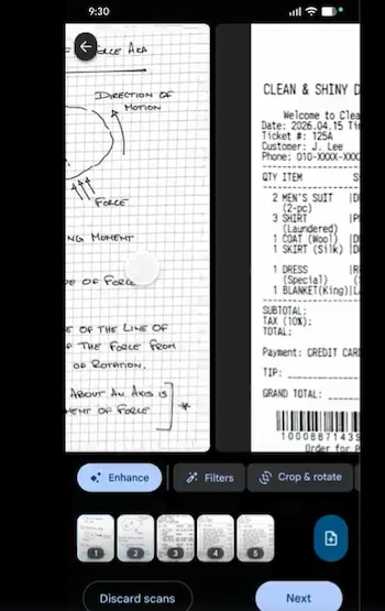 Pantalla de un teléfono móvil con una aplicación de escaneo que muestra un documento manuscrito y un recibo, con opciones de edición y navegación