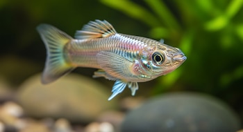Primer plano de una hembra de guppy con cuerpo de tonos metálicos, aletas transparentes y ojos grandes, nadando frente a piedras y plantas acuáticas desenfocadas.