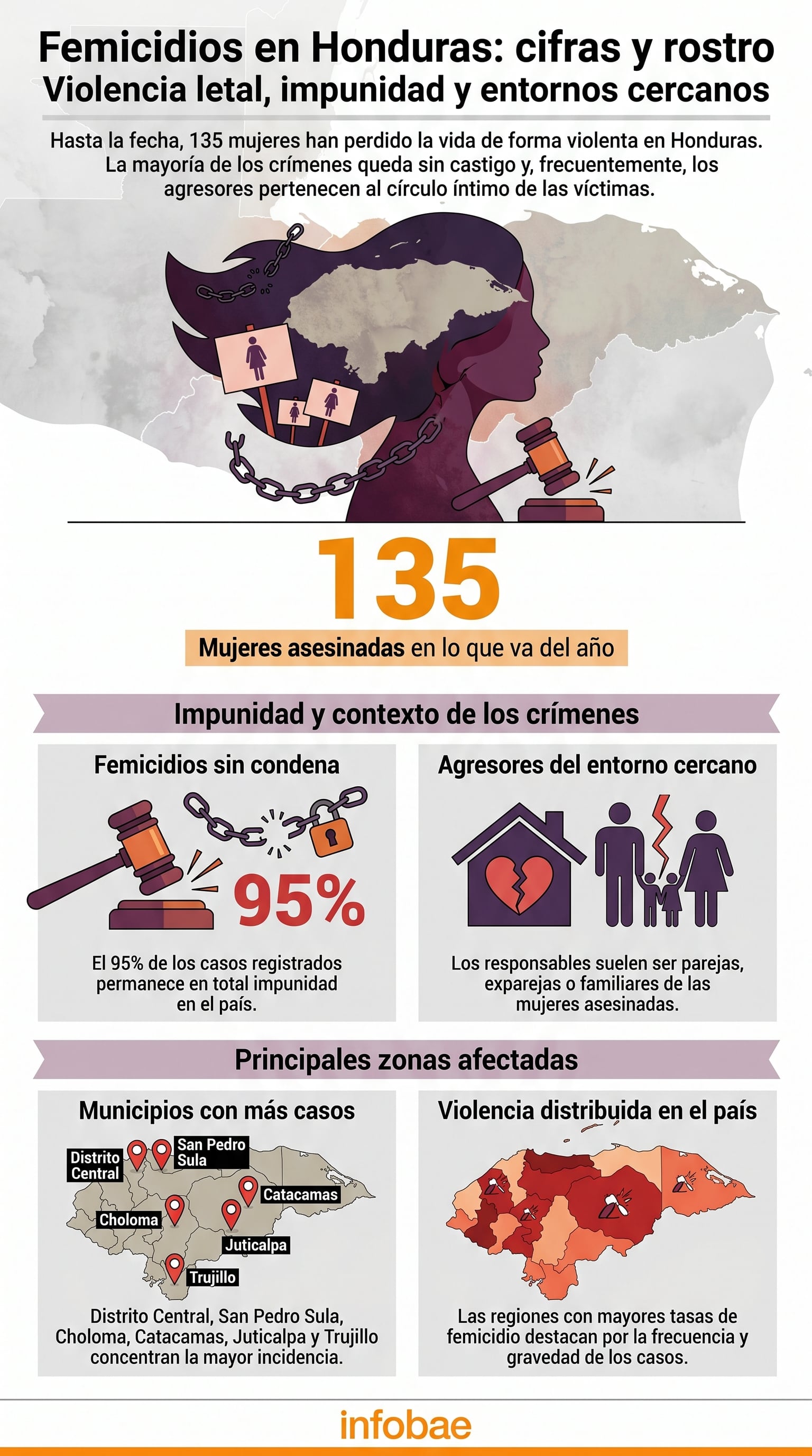 La infografía ilustra las 135 muertes violentas de mujeres registradas en Honduras durante el año, con un 95% de los casos de femicidio en la impunidad y la localización de los crímenes. (Imagen Ilustrativa Infobae)