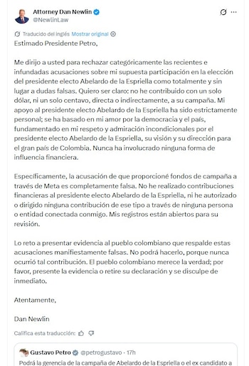 Dan Newlin aseguró que nunca realizó aportes directos ni indirectos a la campaña presidencial y sostuvo que las acusaciones afectan su reputación - crédito @NewlinLaw/X