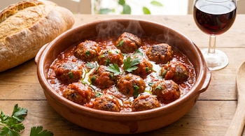 Primer plano de un plato de barro con albóndigas humeantes en salsa de tomate, adornadas con perejil, junto a una barra de pan y una copa de vino tinto.