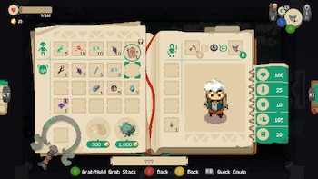 Pantalla de videojuego pixelado Moonlighter. Interfaz con libro abierto, personaje con equipo, múltiples casillas de inventario con objetos, iconos de estadísticas y botones de control