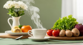 Una taza blanca humeante sobre una mesa con un mantel verde claro, acompañada de lechuga, tomates, champiñones, frutas y un jarrón con flores blancas.