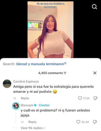 Una seguidora sugiere que el embarazo fue para retener a Blessd y Manuela QM responde con ironía, restando importancia a los comentarios críticos - crédito @manuelaqm__/ TikTok