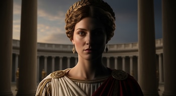 Retrato frontal de una mujer con peinado elaborado y corona de laurel dorada, vestida con toga romana. La mitad derecha de su rostro está iluminada; la izquierda, en sombra. Columnas clásicas al fondo.