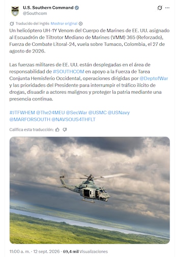 Helicópteros UH-1Y Venom del Cuerpo de Marines de Estados Unidos sobrevolaron Tumaco el 27 de agosto en una evaluación operacional difundida por el Comando Sur - crédito @Southcom/X
