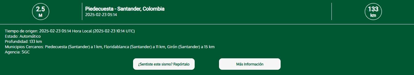 Movimiento sísmico ocurrido en la mañana del domingo 23 de febrero - crédito SGC
