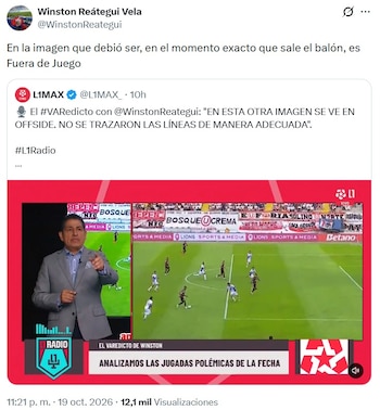 El tuit de Winston Reátegui donde aclara que hubo posición adelantada de Gianluca Lapadula en el primer gol de Universitario ante Alianza Atlético.