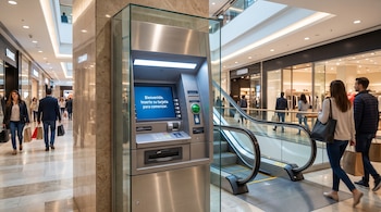 Cajero automático metálico con pantalla azul junto a una escalera mecánica y personas con bolsas de compras en un centro comercial.