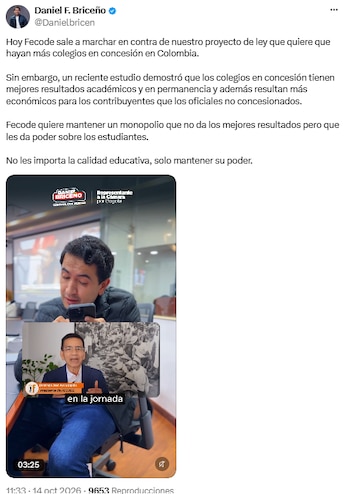 Daniel Briceño citó estudio sobre colegios en concesión y acusó a Fecode de proteger un “monopolio” - crédito @Danielbricen/X