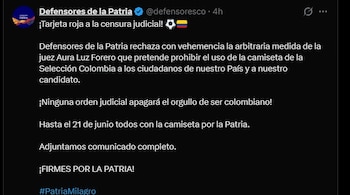 La campaña de Defensores de la Patria invitó a los ciudadanos a portar la camiseta de la Selección Colombia de forma voluntaria y pacífica como muestra de orgullo nacional - crédito @defensoresco / X