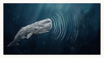 Ilustración de un cachalote gris con cicatrices en un océano profundo y oscuro, con ondas de sonido azul celeste y blanco que emanan de su cabeza.