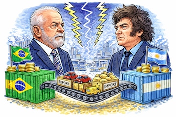 Caricaturas de los presidentes de Brasil y Argentina, Luiz Inácio Lula da Silva y Javier Milei, con rayos, banderas, contenedores y objetos de comercio.