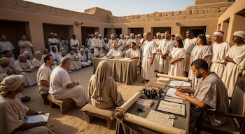 Reconstrucción de un tribunal del antiguo Egipto con personas vestidas de lino blanco, arquitectura de adobe, hombres y mujeres, escriba, papiros y ostraca.