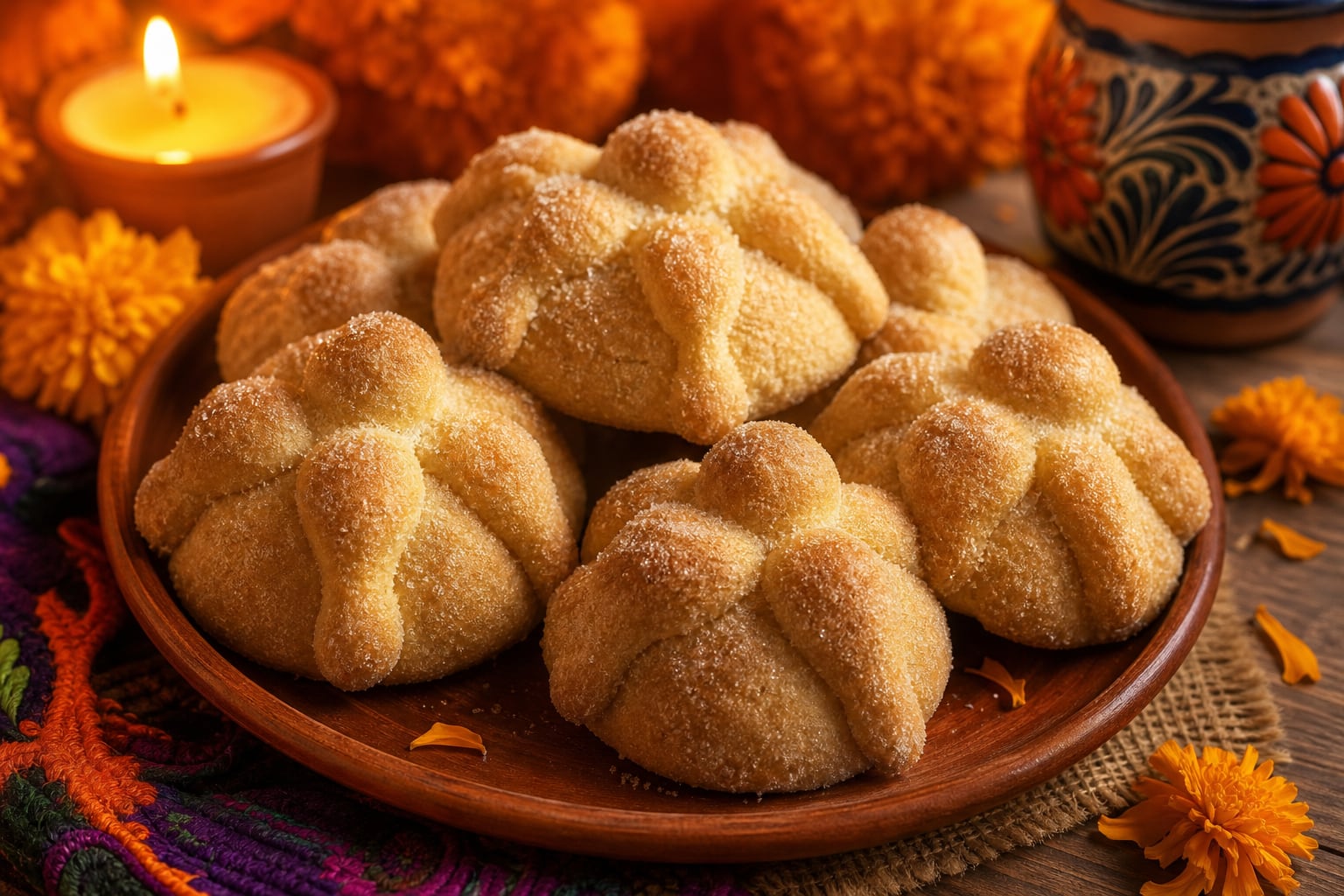 Varias galletas con forma de pan de muerto espolvoreadas con azúcar reposan sobre un plato de barro junto a flores de cempasúchil y una vela encendida. (Imagen Ilustrativa Infobae)