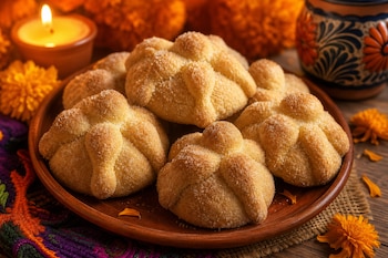 Galletas azucaradas con forma de pan de muerto en un plato de barro, acompañadas por flores de cempasúchil y una vela.