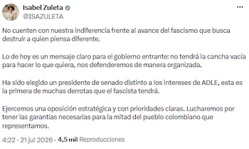 Isabel Zuleta advirtió oposición firme ante el avance del “fascismo” - crédito @ISAZULETA/X