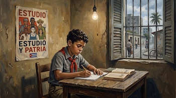 Un niño escribe en un cuaderno sobre una mesa con libros, bajo una bombilla y junto a un cartel en la pared y una ventana con rejas.