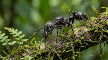Primer plano de una hormiga bala negra grande con mandíbulas visibles y exoesqueleto brillante, moviéndose sobre una rama con musgo verde. Fondo borroso.