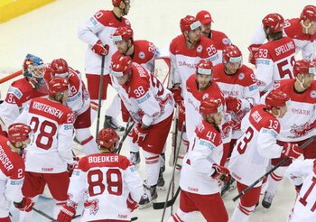 MINSK, BELARUS - MAY 19: Players of Denmark before the 2014 IIHF World Championship between France and Denmark at Chizhovka arena ,on
May 19, 2014 in Minsk, Belarus. (Photo by Xavier Laine/Getty Images)