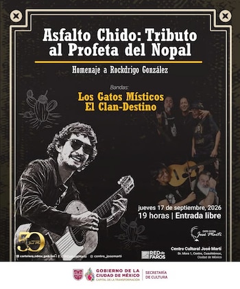 Cartel con fondo oscuro, retratos de músicos, dibujo de un cactus y texto con los datos de un concierto en la Ciudad de México
