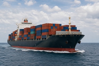 Gran barco de carga con casco negro y rojo navega en el mar con numerosos contenedores de colores apilados en su cubierta.
