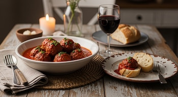 Un bol con albóndigas en salsa y perejil, un plato con pan y una albóndiga, pan, una copa de vino, cubiertos y una vela sobre una mesa de madera.